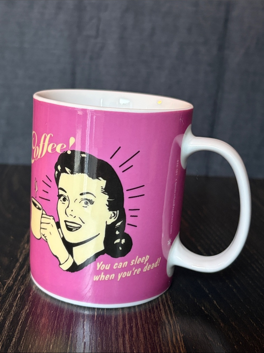 Retro Pink Coffee Mug with Humorous Print